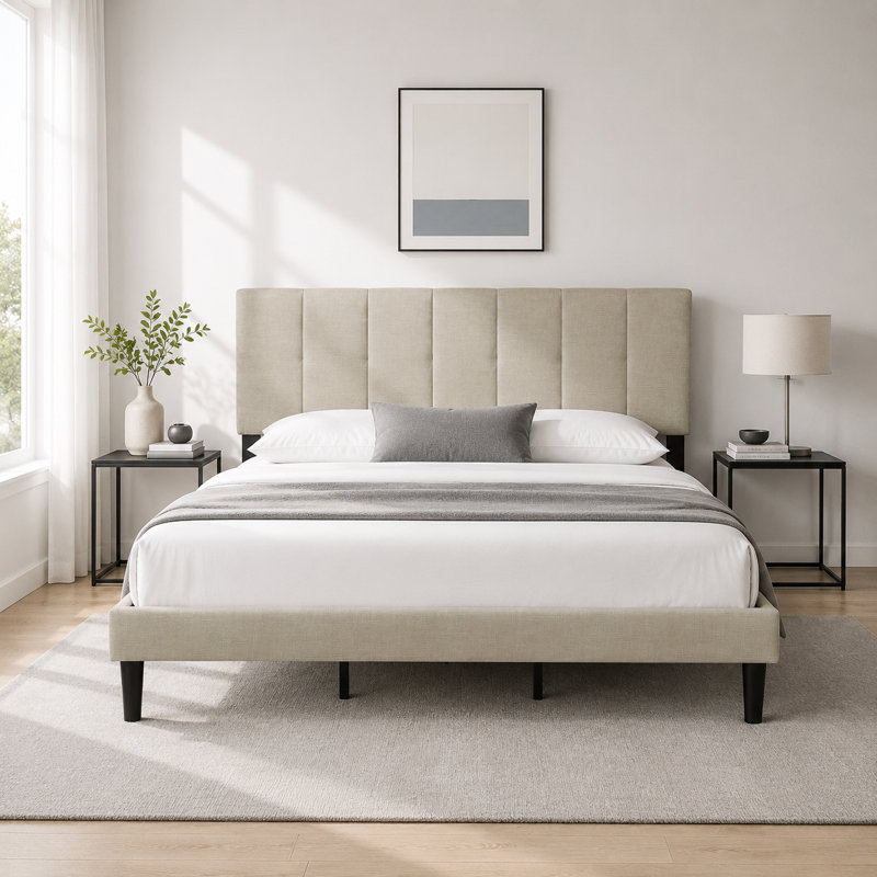 Dajai Upholstered Unfinished Platform Bed, Beige, King