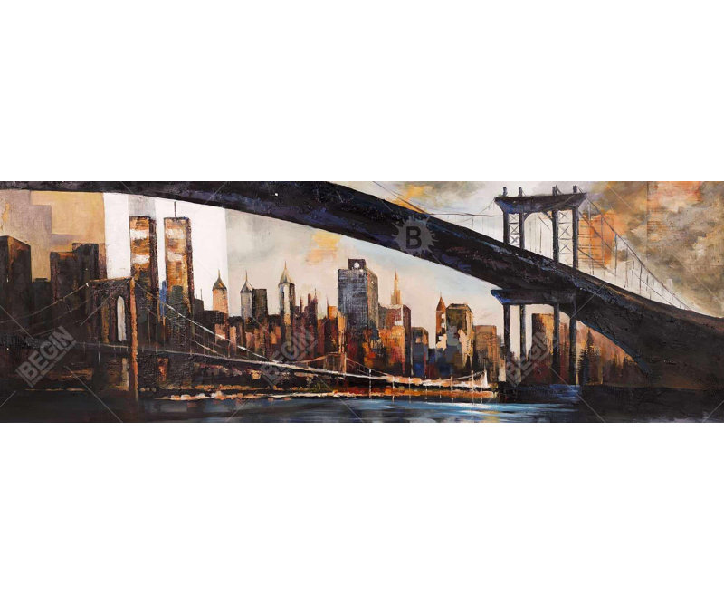 Coucher de soleil sur la toile de New York | Cadre industriel brun, H 49,25 po x l 17,25 po