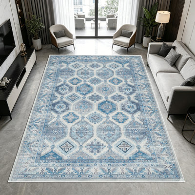 1PC Vintage Distressed Blue Geometric Bohemian area rugs for Living Room, Soft and Comfortable, Suitable for all seasons, easy-to-maintain, machine washable Indoor floor mat, Under Table Farmhouse suitable for dining table, bedroom, entryway, home