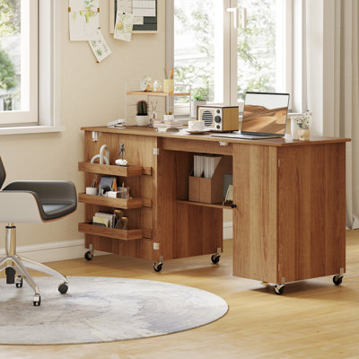 Table de couture pliante avec abattant, table de bricolage roulante, brun