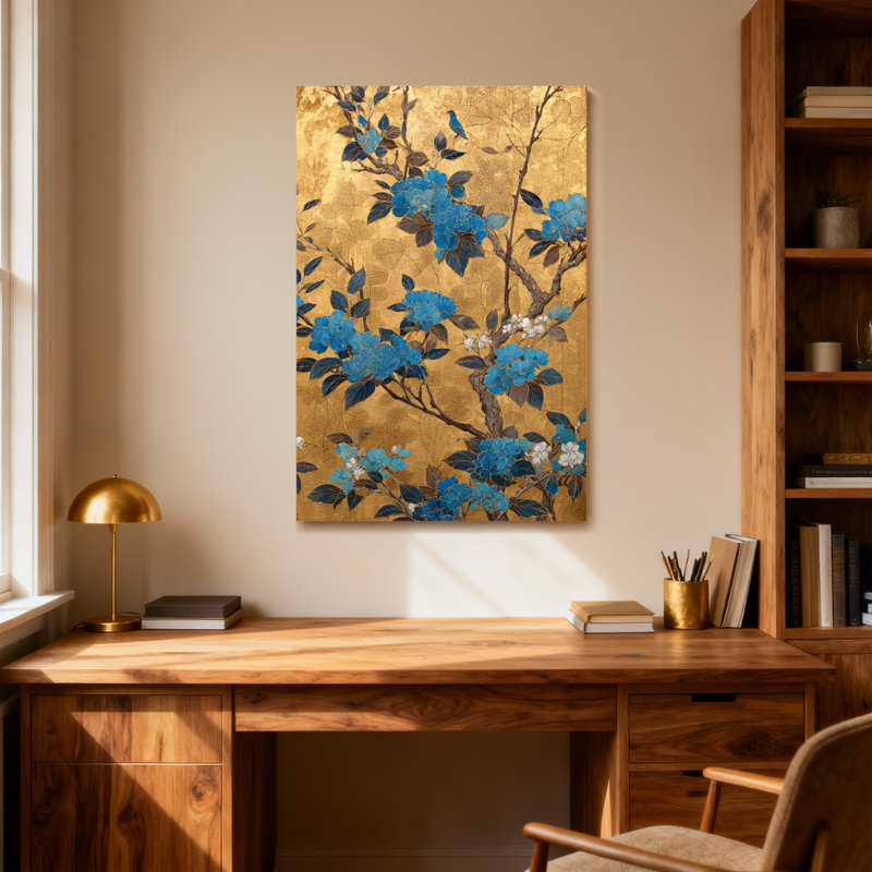 Plantes et fleurs Fleurs bleues sur fond doré avec oiseaux
