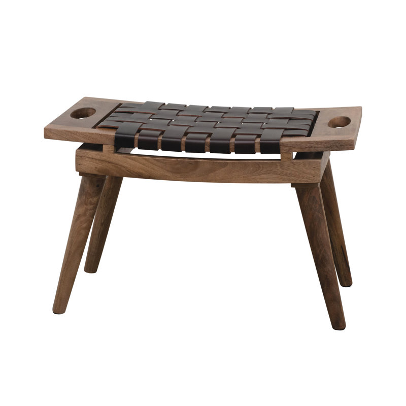 Tabouret Mason en bois de manguier avec plateau en cuir tressé, noir et naturel