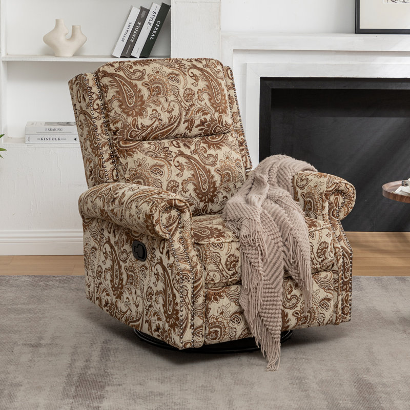 33" Wide Manual Upholstered Swivel Rocker Recliner, White/Dark Brown
