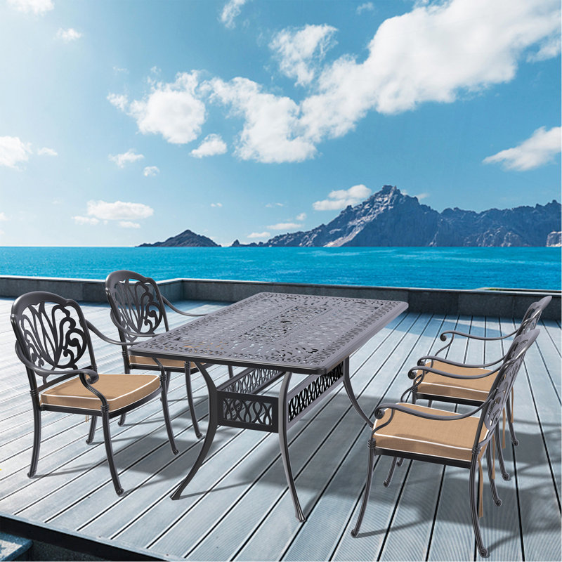 5-Piece Set Of Cast Aluminum Patio Furniture With Brown Cushions, 4