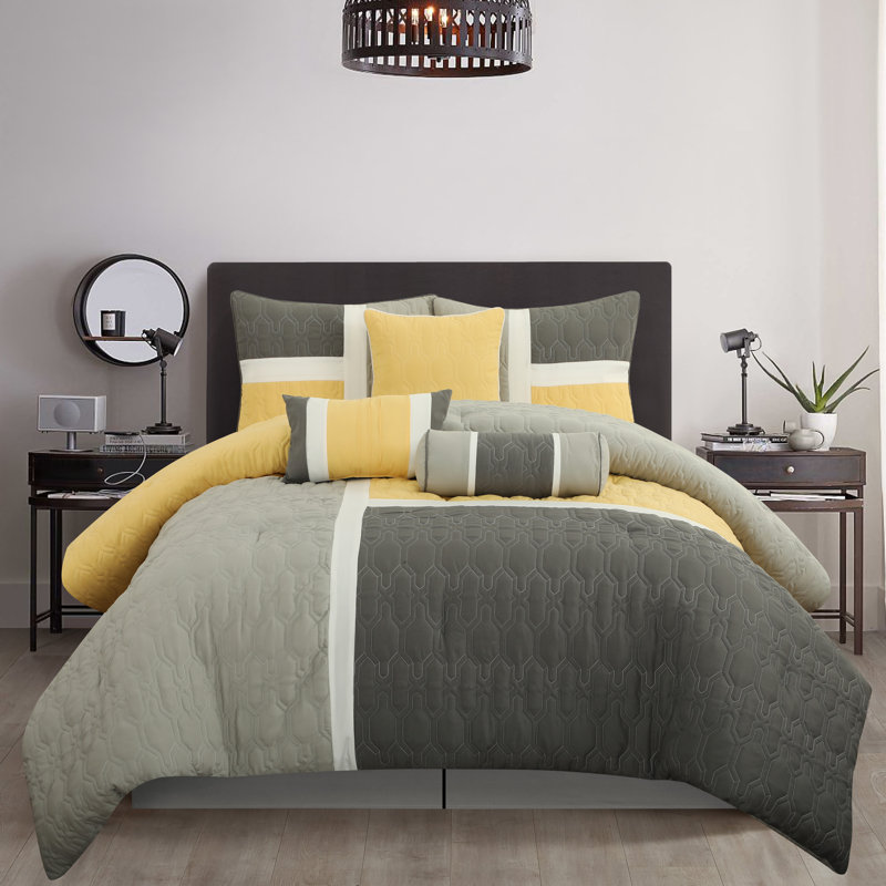 Ensemble d'édredon en microfibre 7 pièces Natalia, Édredon très grand californien + 6 pièces suppl, Gris / jaune
