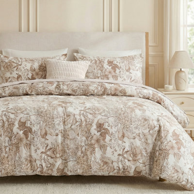 Khaki Floral Duvet Cover Queen Size 100% Cotton Vintage Botanical Duvet Cover Set 3 Pcs Soft Flower Bedding Set Breathable and Lightweight