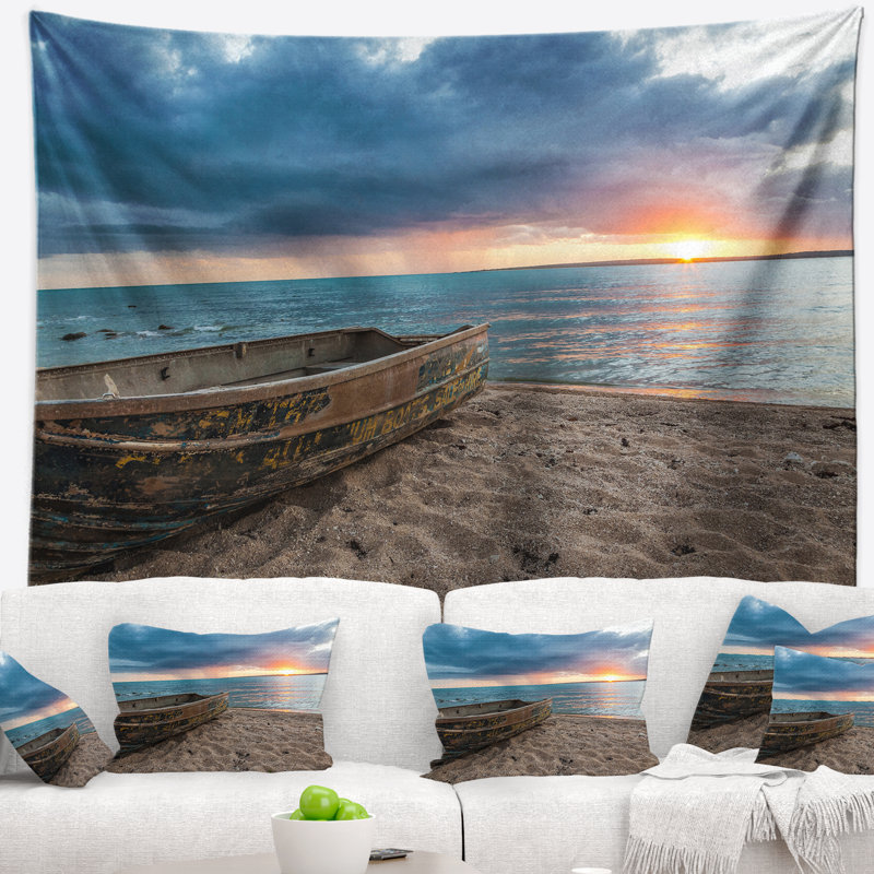 Tapisserie de paysage marin rouillée sur le sable au coucher du soleil, H 32 po x l 39 po