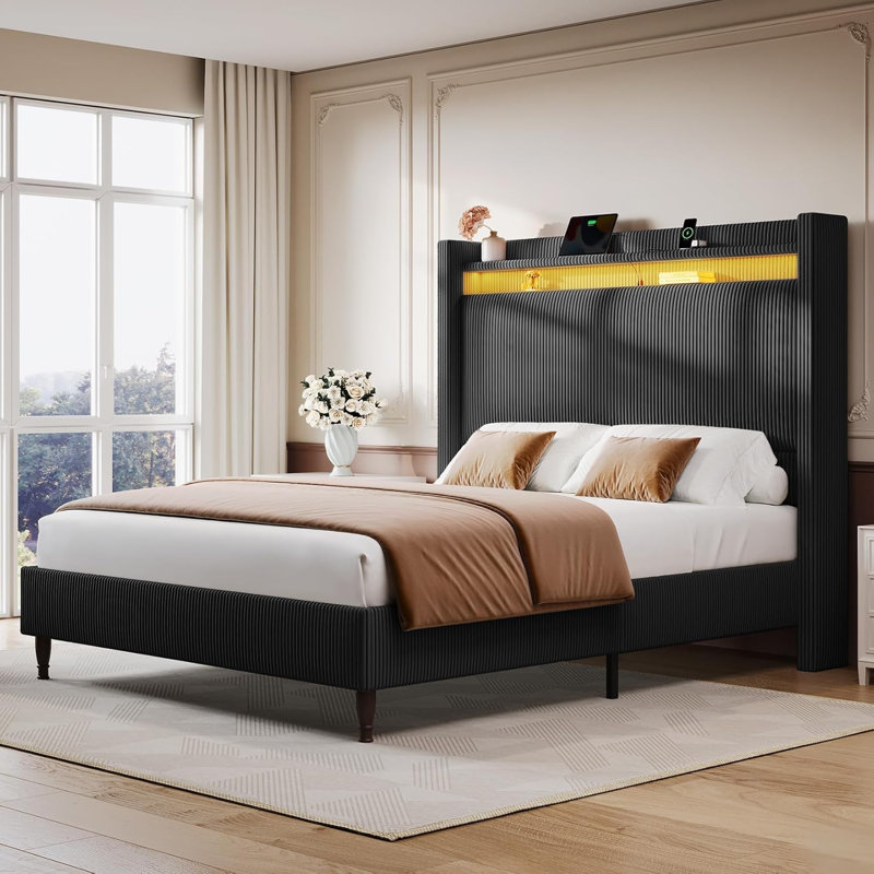 Corduroy Upholstered Wingback Queen Size Platform Bed Frame, Charging Station, LED Lights, Black, Queen