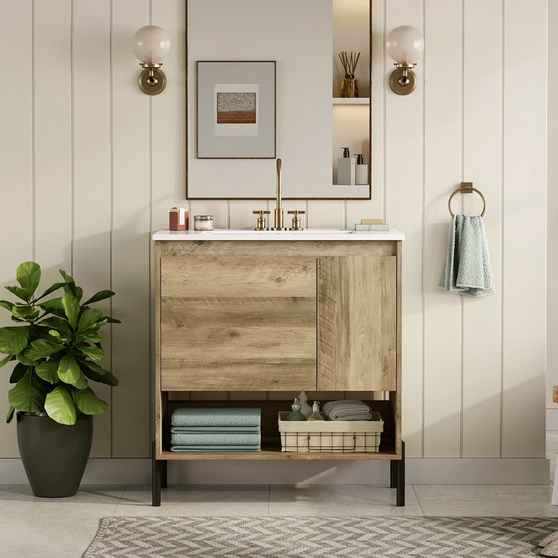 Meuble-lavabo moderne en bois de 30 po, armoire de salle de bain avec tiroir coulissant, armoire de rangement de salle de bain avec lavabo en céramique, meuble-lavabo simple avec portes et tablette ouverte