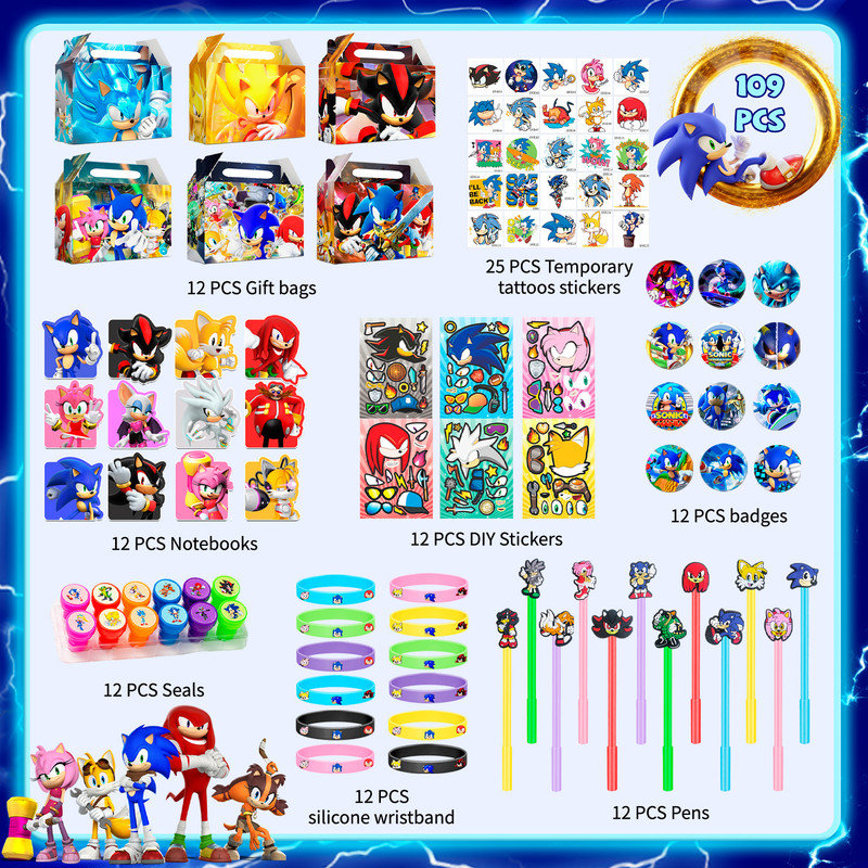 Sonic Party Favors,109pcs All-in-One Sonic Stationery Favors Packs
