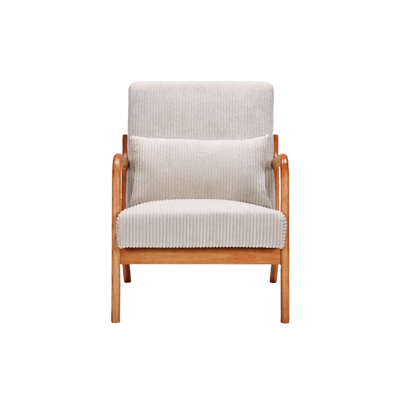 Mid-Century Modern Upholstered Accent Chair with Pillow, Solid Rubberwood Ergonomic Reading Armchair, Beige, Natural Wood