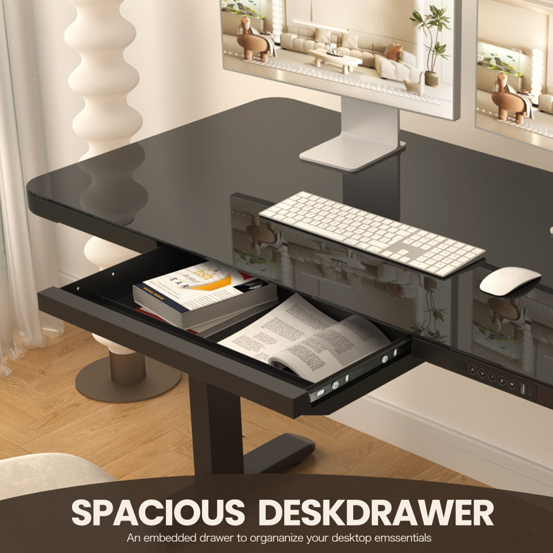 Black Glass Adjustable Height Standing Desk with Drawer and USB Ports