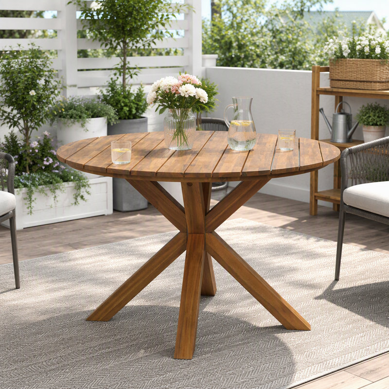 Table de salle à manger d'extérieur ronde de 44,5 pouces, table de patio en bois d'acacia de qualité supérieure avec base en X, table en bois à lattes