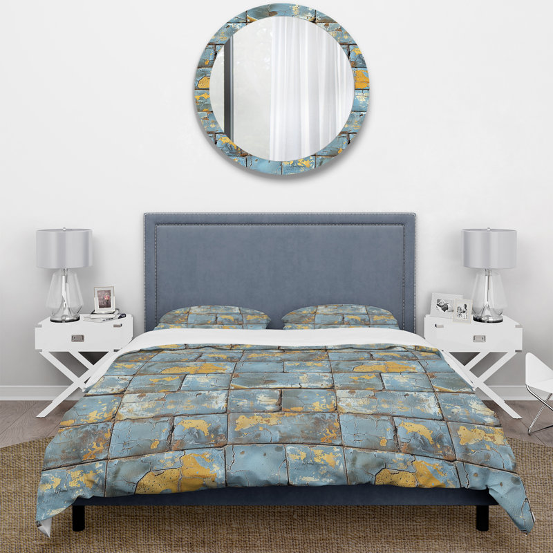 Ensemble de housse de couette bleu et or délavé Brick Charm II - Country, Housse de couette très grand + 2 taies décorativ