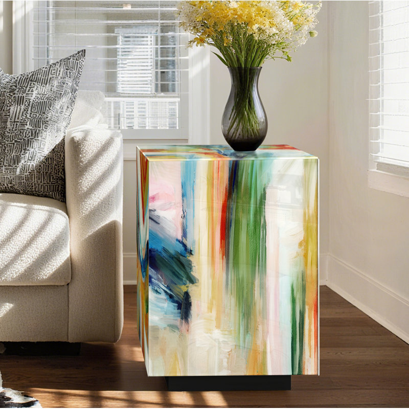 Ossi 22'' H Square Glass End Table with Graffiti Abstract Art