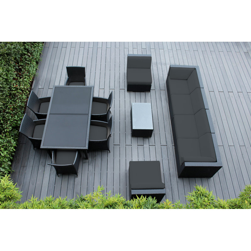 Ensemble de patio complet en rotin avec coussins 14 pièces Pavior, Polyester gris, Noir