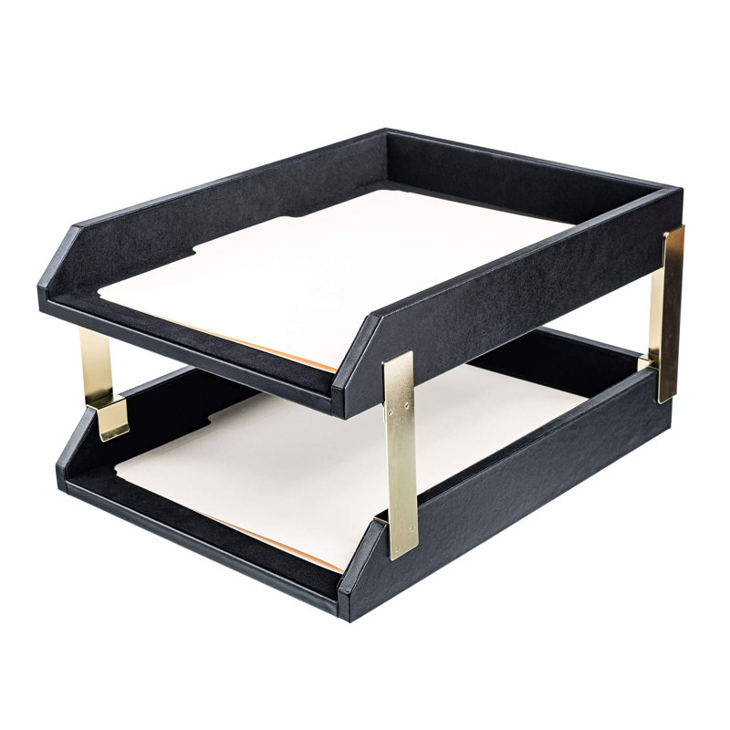 Plateau à double lettre en cuir avec poteaux, H 7,25 po x l 10,63 po x P 13,75 po, Or