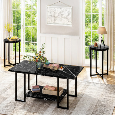 Modern Minimalist Style Black Metal Frame Coffee Table Set Of 3: Double-Layer Black Imitation Marble Texture Table+2 Circular Edge Table