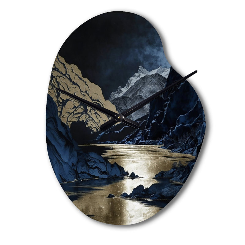 Or givré rivière et montagne III - horloge asymétrique traditionnelle en métal, horloge murale bleue, Petit