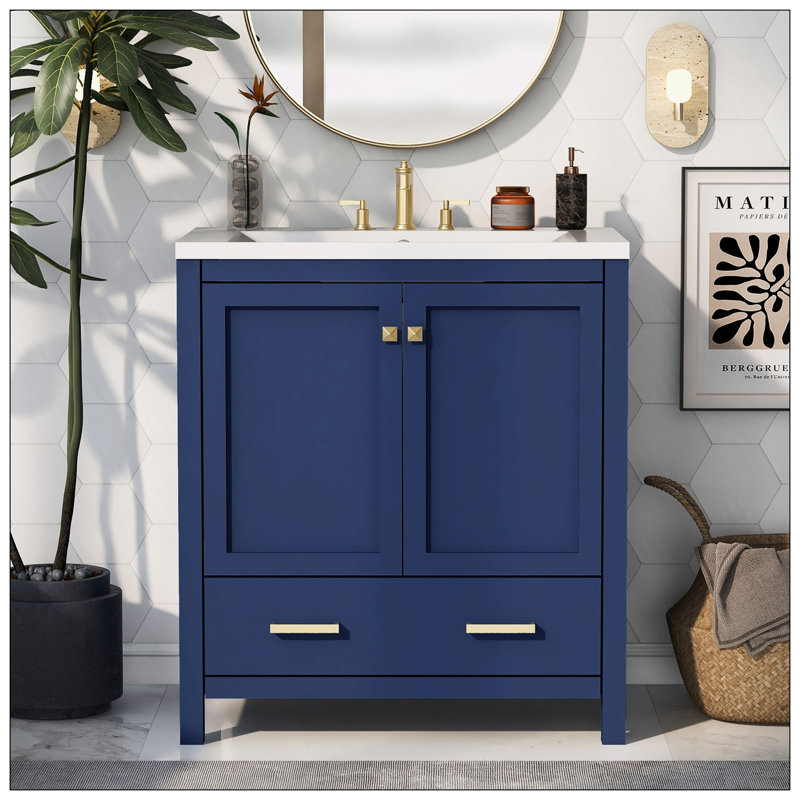 Meuble-lavabo 30 po avec lavabo simple, Bleu, Or