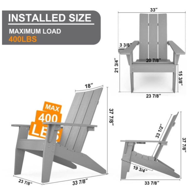 Chaise Adirondack en plastique avec table Caddo, Gris