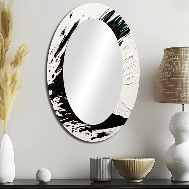 Essential Being Black And White Abstract - Black Modern Oval Wall Mirror, 36" x 24"