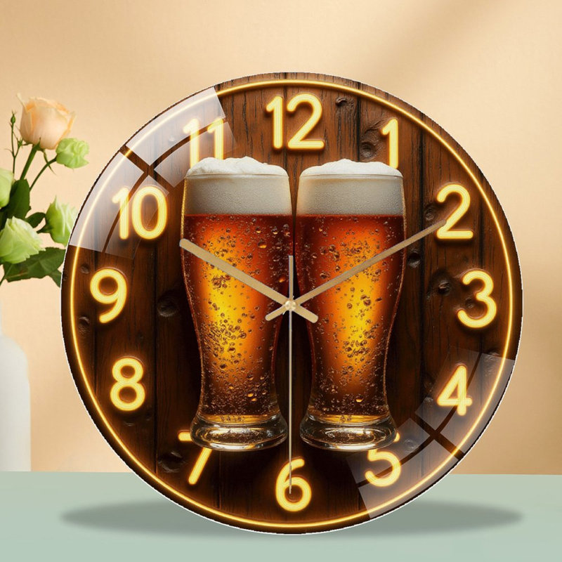 Rustic Beer Clock with Bubbles for Bar Decor Art - 12'' Modern Glass Wall Clock