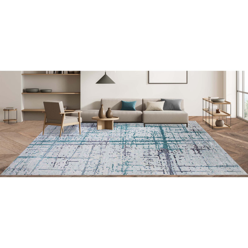 Tapis ivoire et turquoise noué à la main de haute qualité, Rond 8 pi