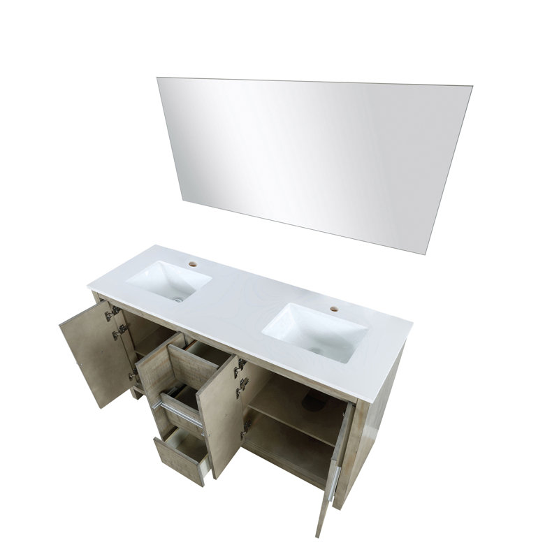 Meuble-lavabo double rustique P 20 po, comptoir en quartz et miroir 70 po, Blanc / bois d'acacia