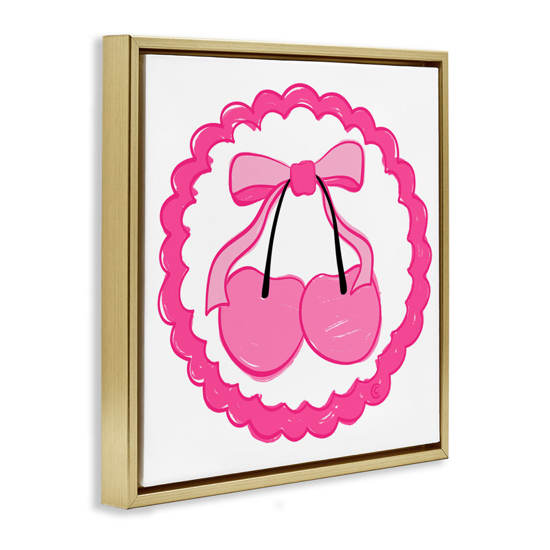 Art mural sur toile "Pink Cherries & Bow Floater" par Carrie Cantwell, H 18 po x l 18 po, Cadre flottant métallique doré