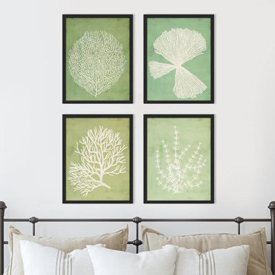 Minimal botanique IDÉE4WALL encadré menthe vert océan mer corail, ensemble de 4 impressions de nature sauvage, décoration murale botanique floral pour le salon, chambre encadrée, impression de 4 pièces