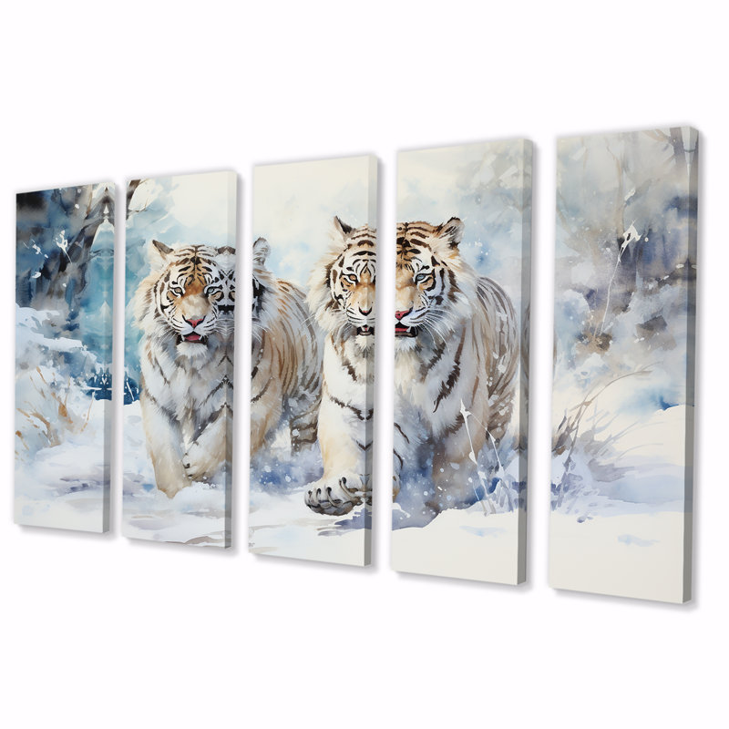 Ensemble de 5 tigres blancs jouant dans la neige I - Tigre, H 28 po x l 60 po