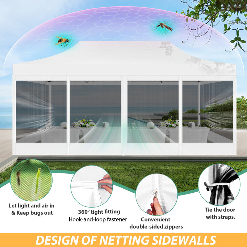 10'x20' Heavy Duty Canopy Tent, Pop up Gazebo with Netting Screened, White
