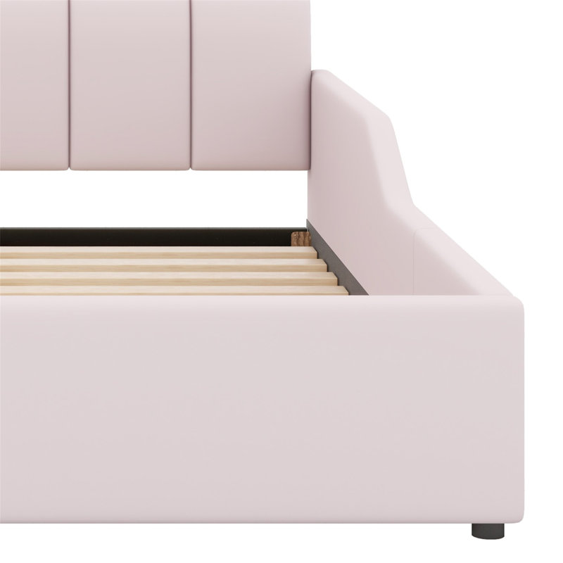Upholstered Grounded Bed, Mother & Child Bed With Bedside Desk And Little Round Stool, Full, Pink