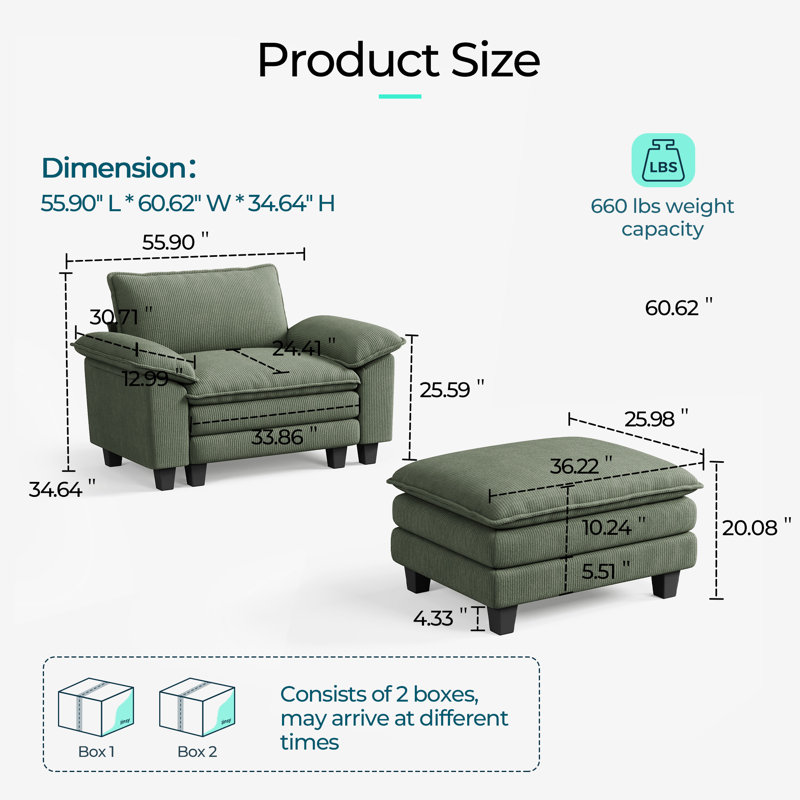  Fauteuil surdimensionné et demi avec repose-pieds Colbey , Velours côtelé vert Lena