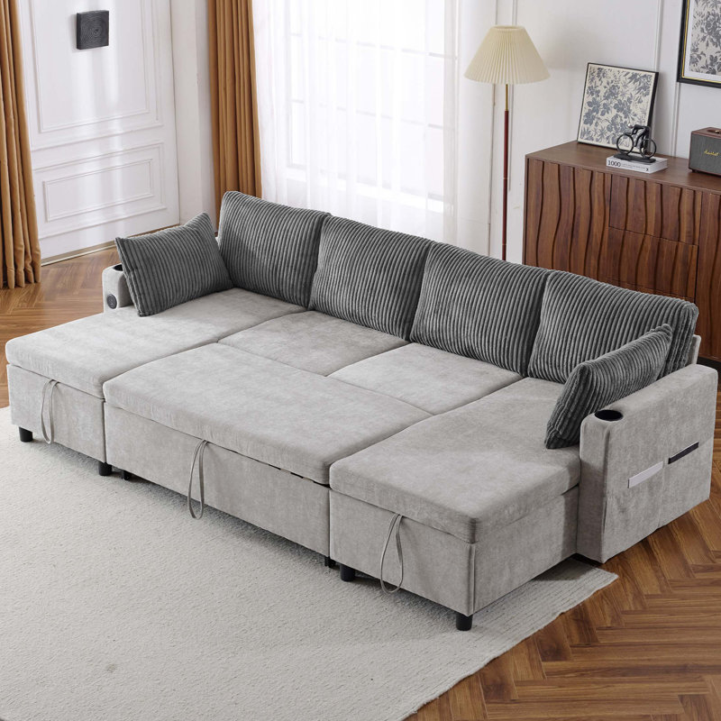 Canapé-lit modulaire de 113,4 po avec canapé-lit polyvalent avec grand espace de rangement, deux ports USB et deux porte-gobelets pour le salon