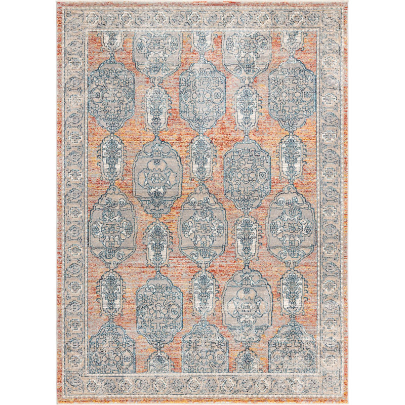 Tapis traditionnel Opel rouge brique / bleu clair, Rectangle 7 pi 10 po x 10 pi 2 po