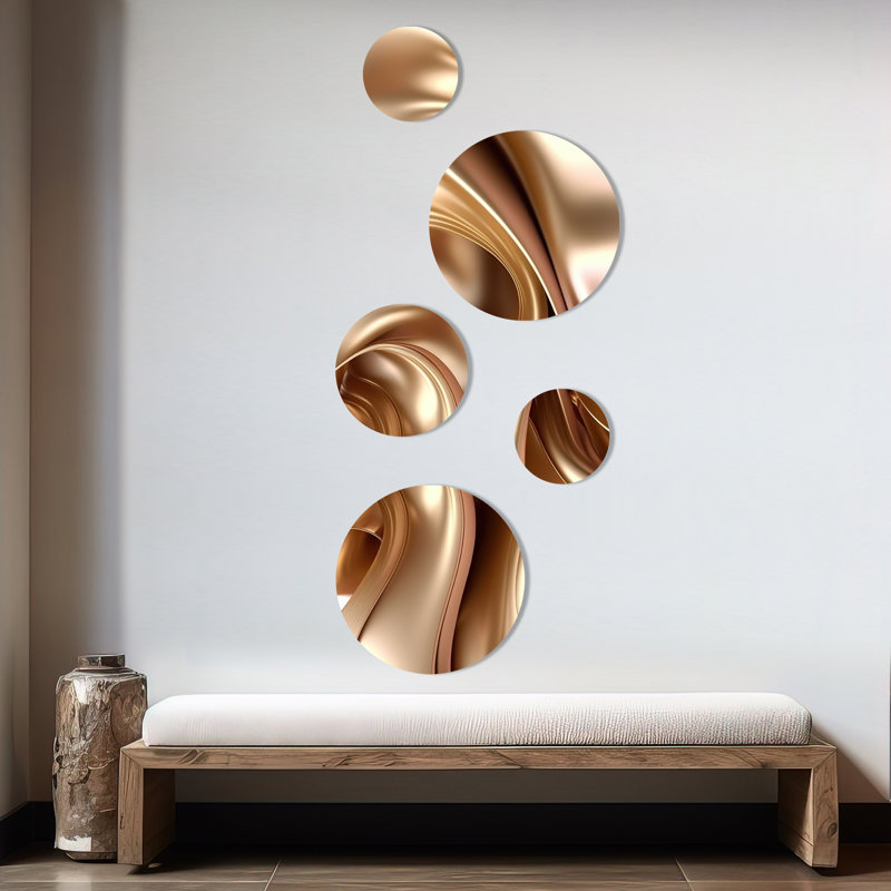 Luscious Liquid Gold In Subdued Pink and Taupe I - Abstract Liquid Ink Metal Wall Décor 5 Round Pieces