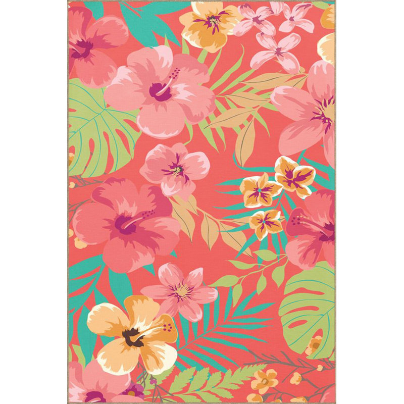 Tapis rose à motif floral multicolore à motif de feuilles tissées lavable à la machine