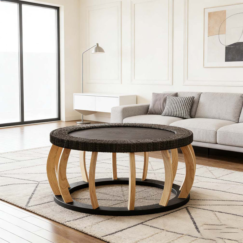 35.43"Vintage Rattan Solid Wood Round Coffee Table, Black Brown 1