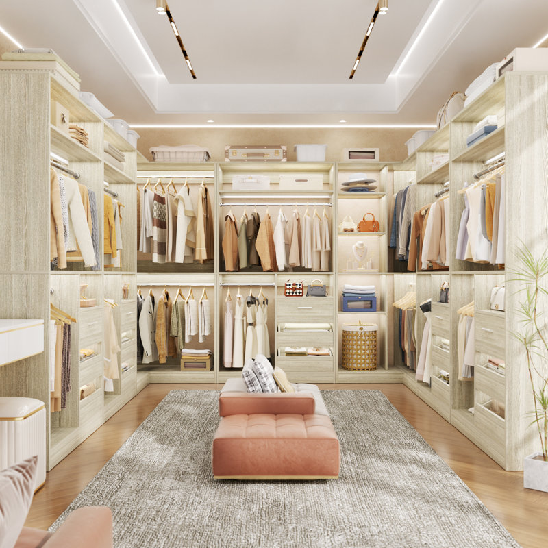 72"-108" Closet System With Drawers And Rods, Beige