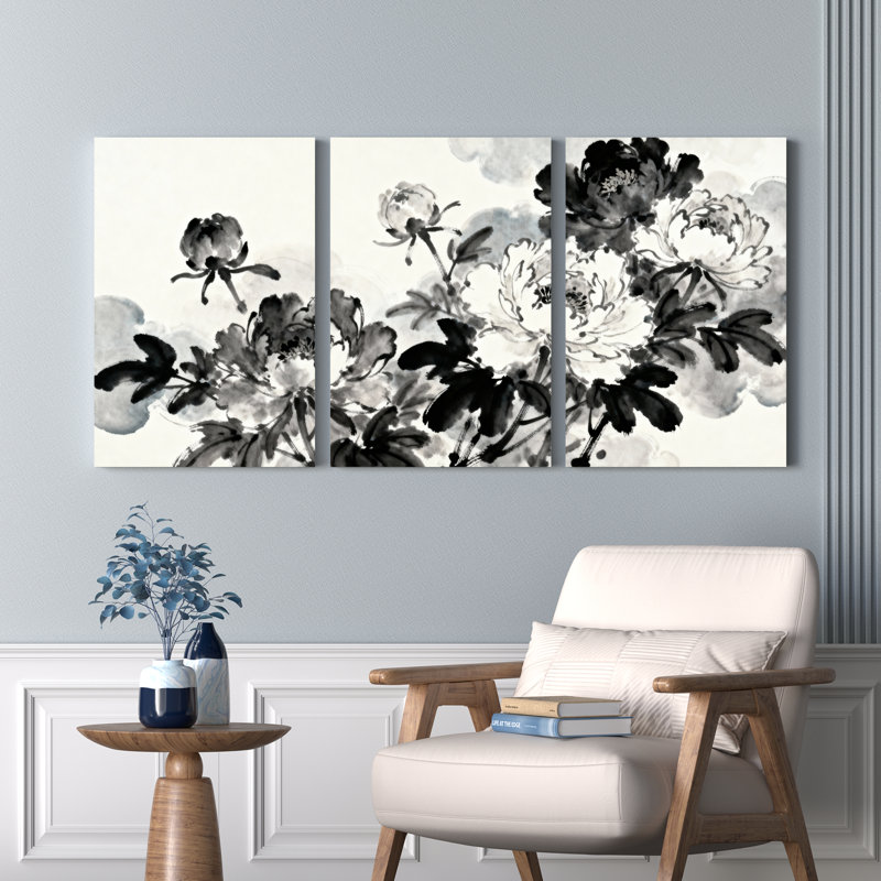 «Black and White Peony», reproduction d'art sur toile tendue à l'encre de Chine, ensemble de 3 reproductions d'art