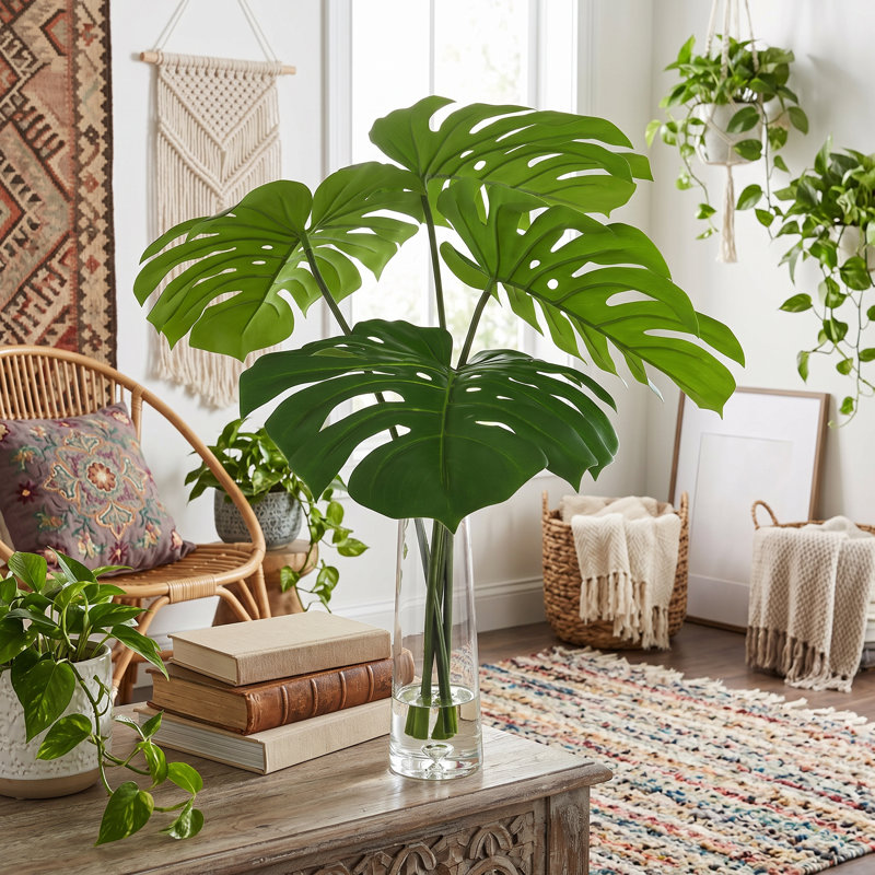 Fausse plante Philodendron 23 po Centerview dans un vase en verre, H 27 po x l 25 po x P 25 po