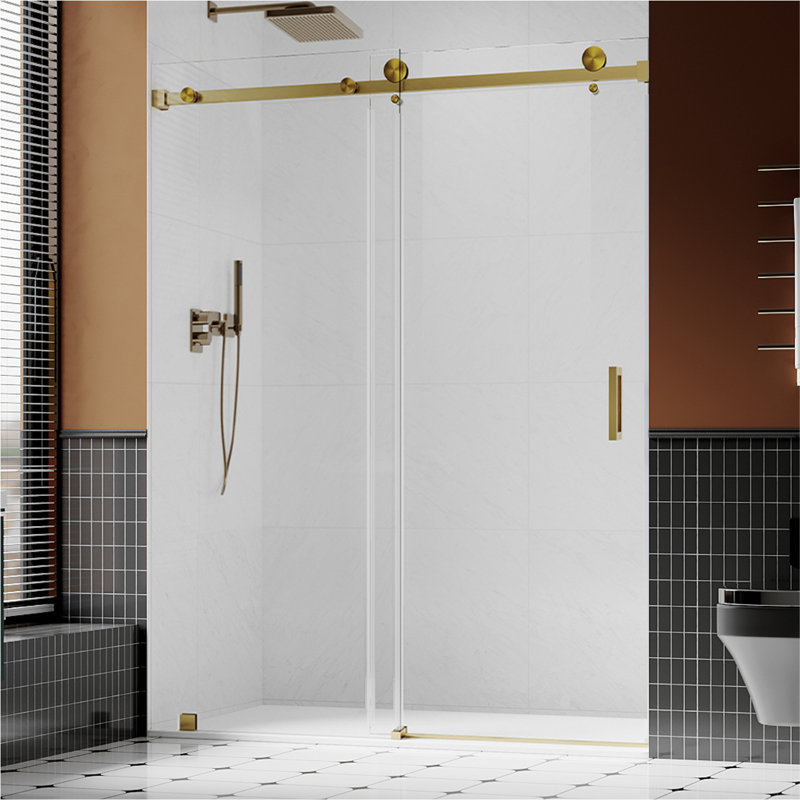 UKS05 56 in. to 60 in. x 66 in. H Frameless Sliding Shower Door in Satin Brass with 3/8 in. (10mm) Clear Glass, Satin Brass