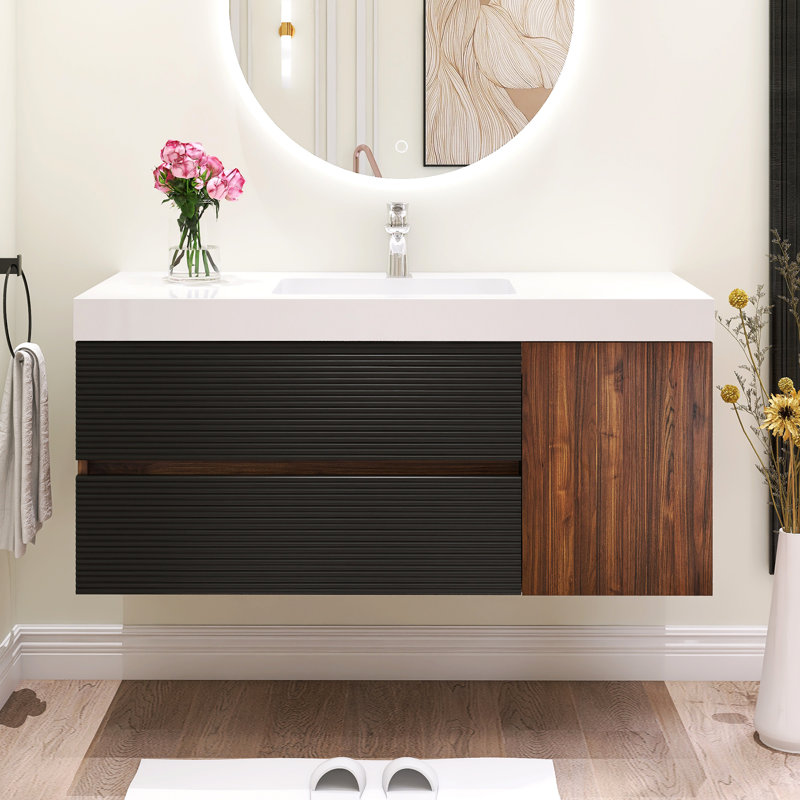 Meuble-lavabo mural moderne 48 po avec lavabo simple en quartz, Blanc lustré