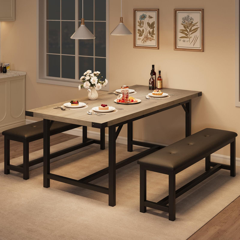 GAOMON Extendable Dining Table Set for 4, Dining Table Set with Two Upholstered Benches for 6, Large Expandable Kitchen Table Set for Apartment, Small Space Rustic Grey