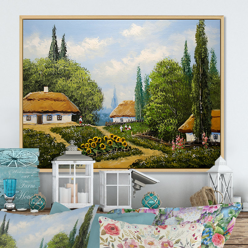 «Old Rustic Village Lanscape X III», reproduction d'art sur toile, H 24 po x l 36 po x P 1 po, Cadre flottant brun