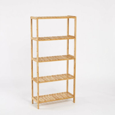 5-Tier Bamboo Shelf – Wide Narrow Plant Stand with Slatted Shelves, Natural Wood Storage Rack for Bathroom, Living Room, Kitchen, Bedroom