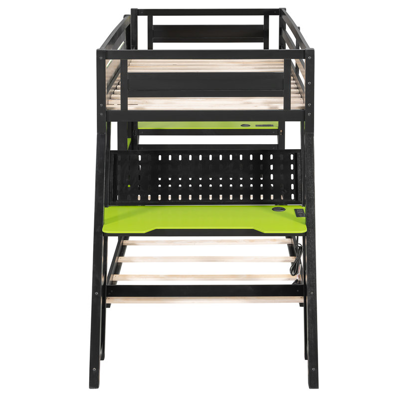 Twin-Size Gaming Bunk Bed with 2 Built-In Desks, USB Ports & Pegboard Organizer — Green, Black/Green