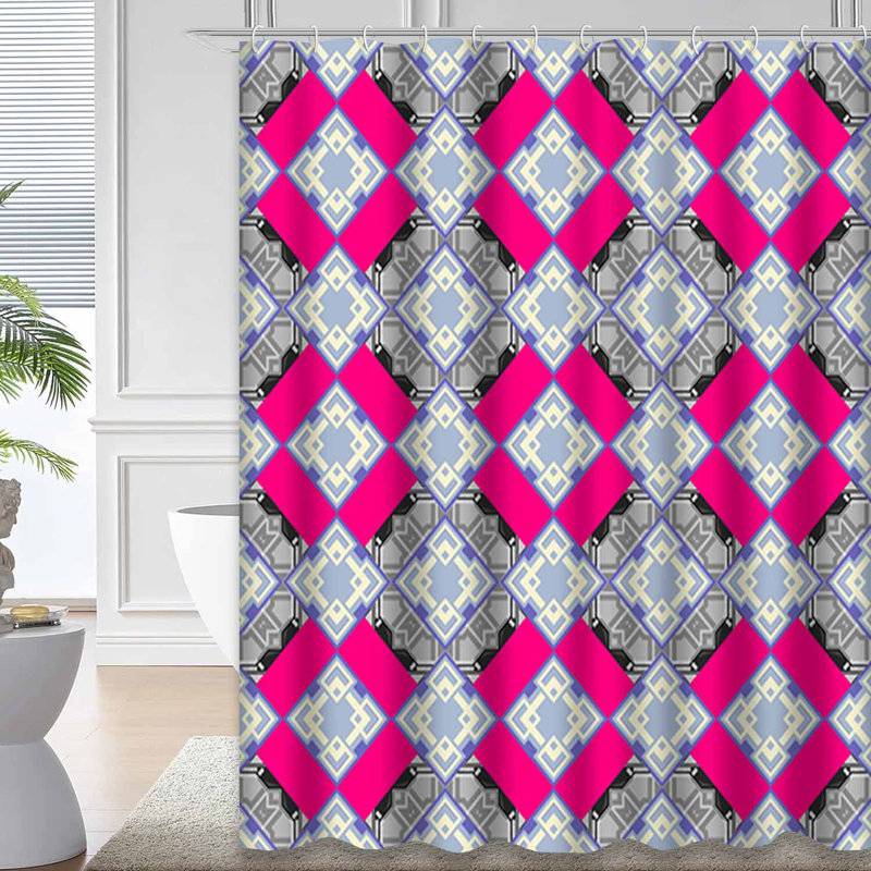 Rideau de douche moderne moderne à motif géométrique bleu magenta avec 12 crochets, 72" L x 78" W
